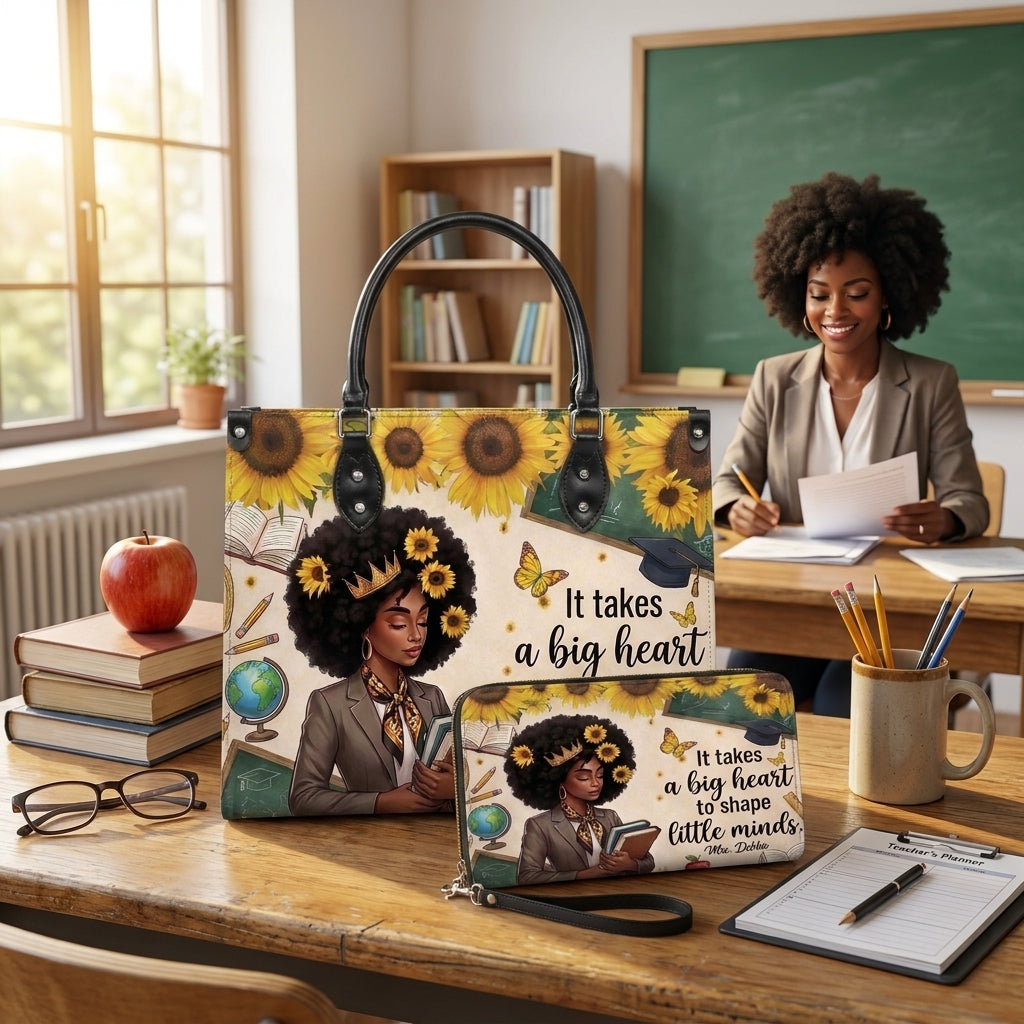 Sunflower Big Heart to Shape Little Minds Personalized Leather Bag + FREE Matching Leather Wallet
