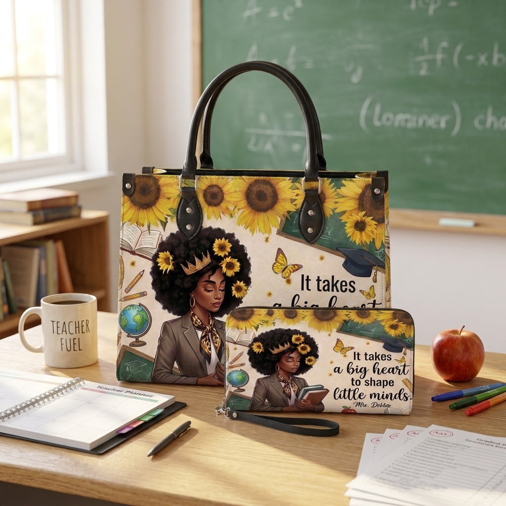 Sunflower Big Heart to Shape Little Minds Personalized Leather Bag + FREE Matching Leather Wallet