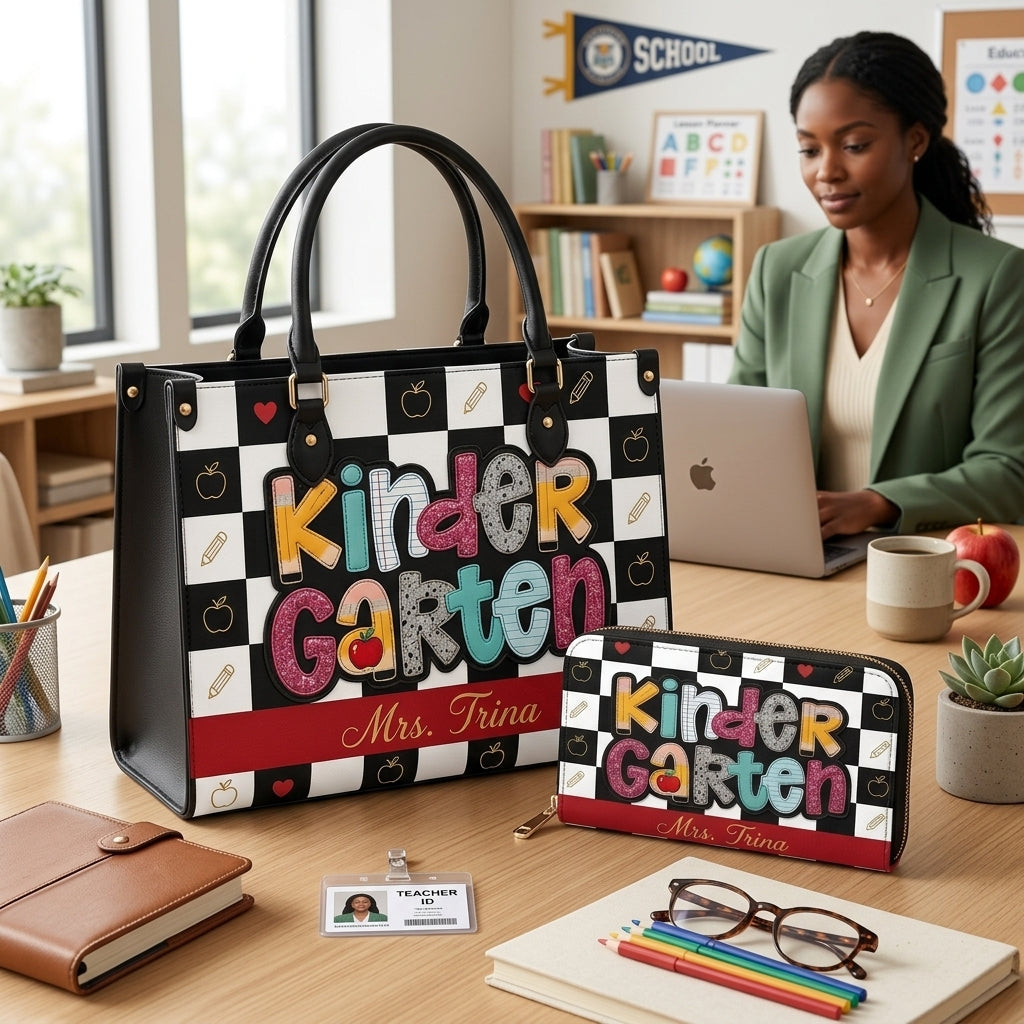 Colorful Checkerboard Personalized Leather Bag + Free Matching Leather Wallet