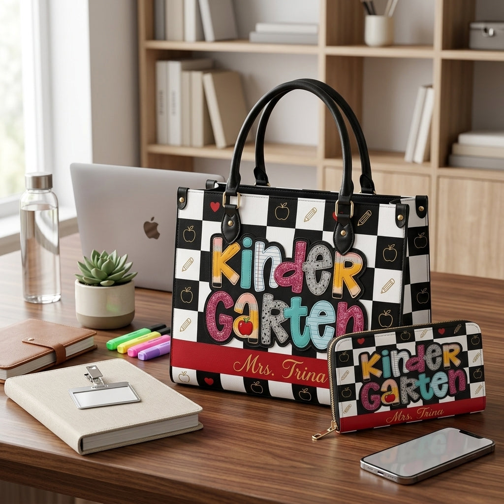 Colorful Checkerboard Personalized Leather Bag + Free Matching Leather Wallet