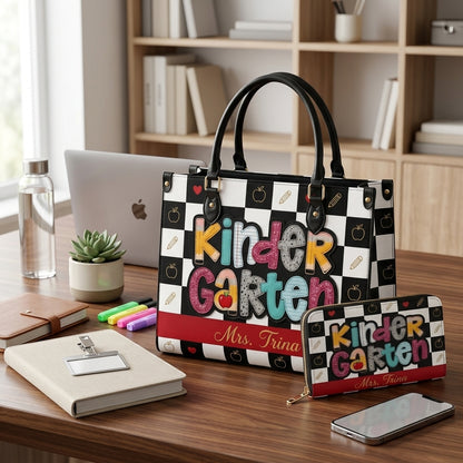 Colorful Checkerboard Personalized Leather Bag + Free Matching Leather Wallet