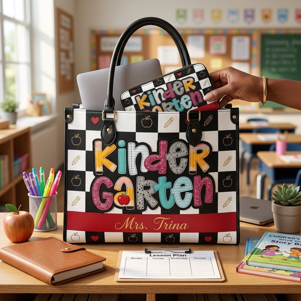 Colorful Checkerboard Personalized Leather Bag + Free Matching Leather Wallet