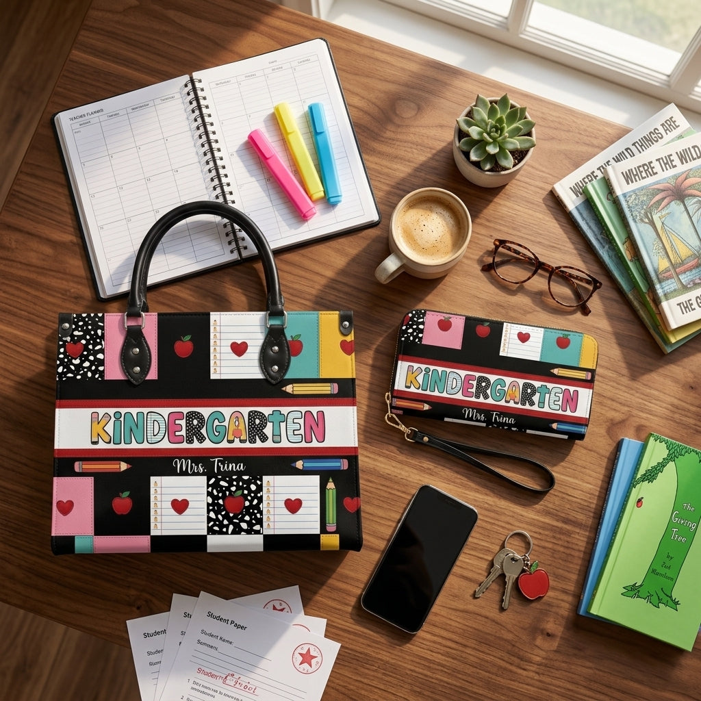 School Supplies & Apple Personalized Leather Bag + Free Matching Leather Wallet