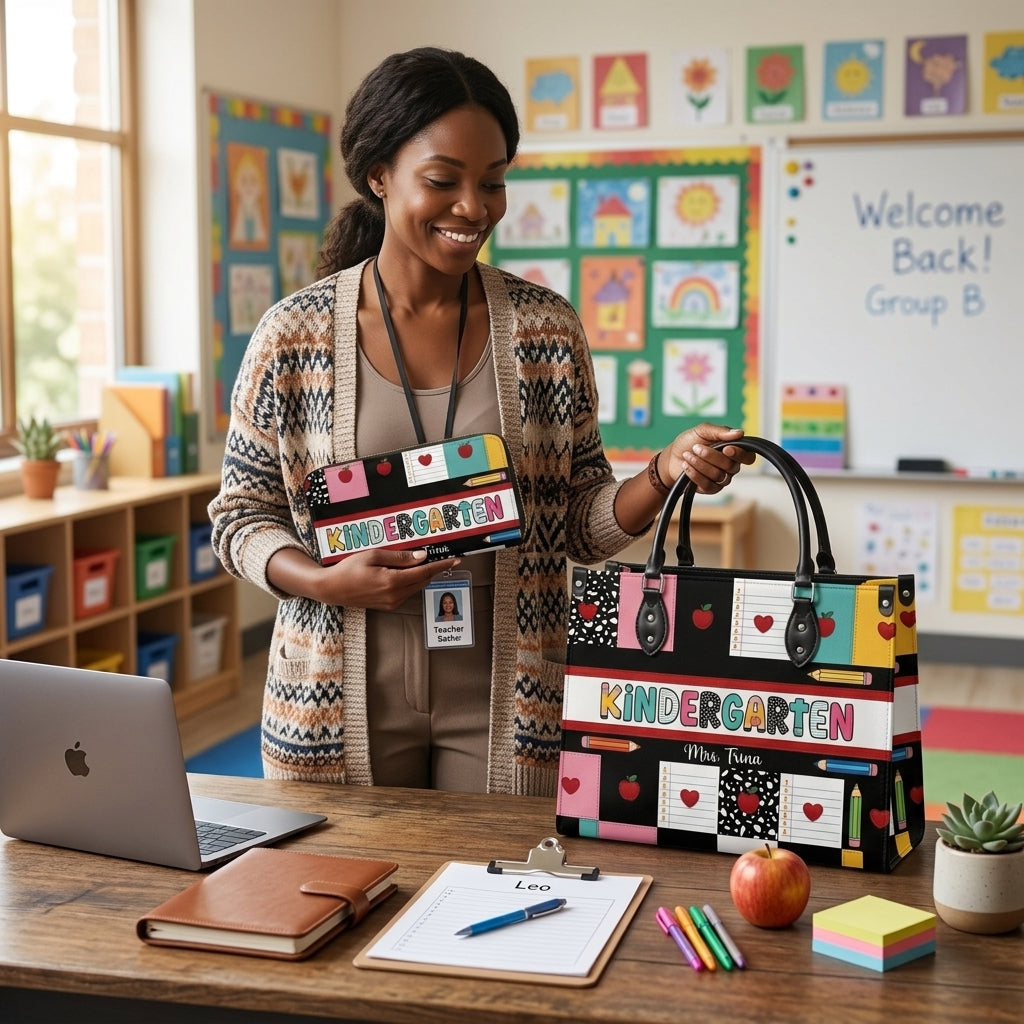 School Supplies & Apple Personalized Leather Bag + Free Matching Leather Wallet