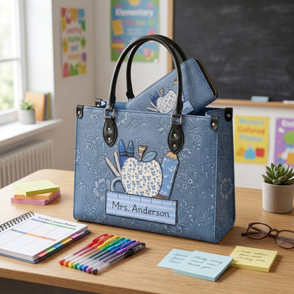 Vintage Blue Floral Personalized Leather Bag + Free Matching Leather Wallet