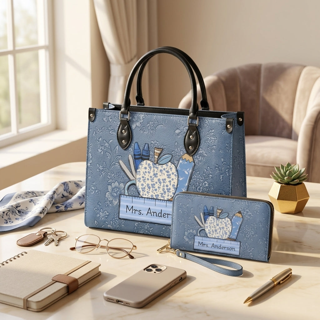 Vintage Blue Floral Personalized Leather Bag + Free Matching Leather Wallet