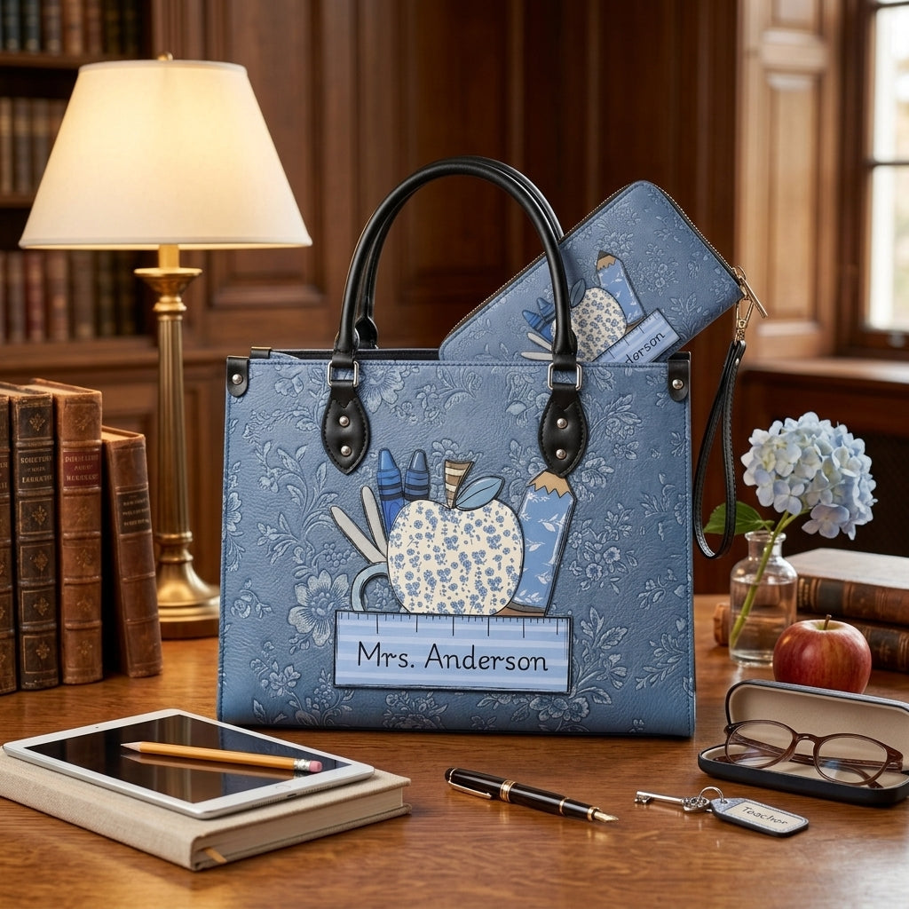 Vintage Blue Floral Personalized Leather Bag + Free Matching Leather Wallet