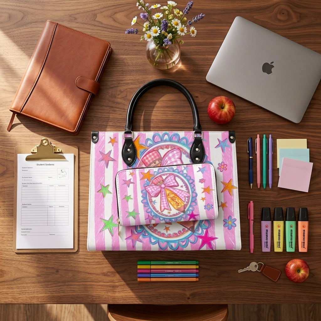 Cute Pink Bow Pencil Personalized Leather Bag + Free Matching Leather Wallet