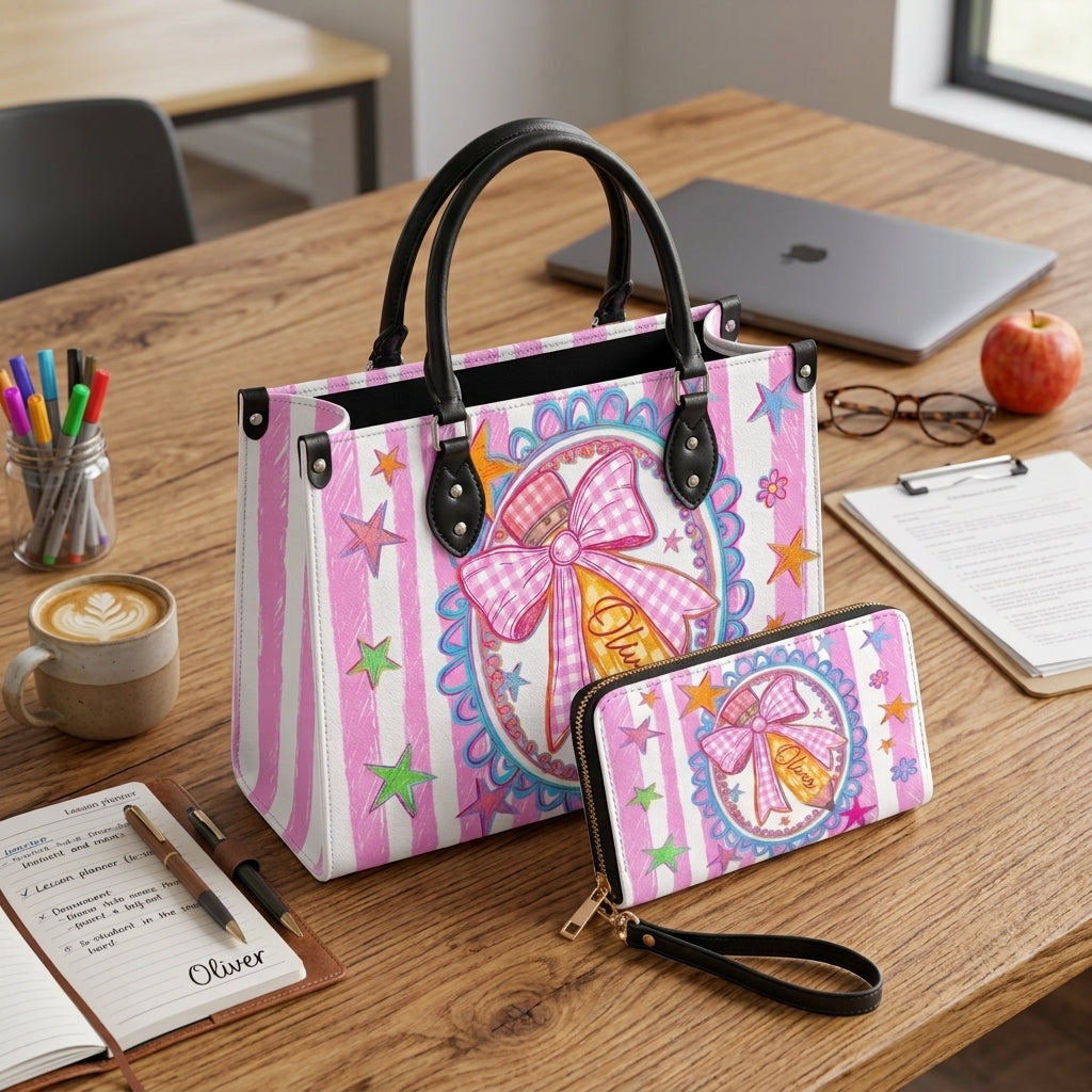 Cute Pink Bow Pencil Personalized Leather Bag + Free Matching Leather Wallet