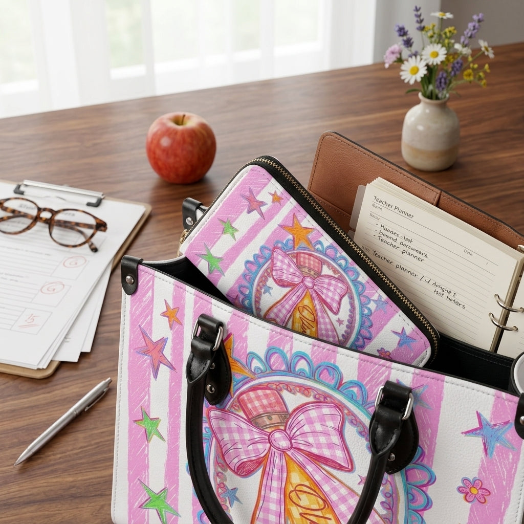 Cute Pink Bow Pencil Personalized Leather Bag + Free Matching Leather Wallet
