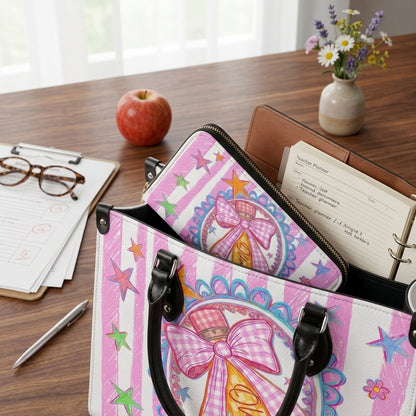 Cute Pink Bow Pencil Personalized Leather Bag + Free Matching Leather Wallet