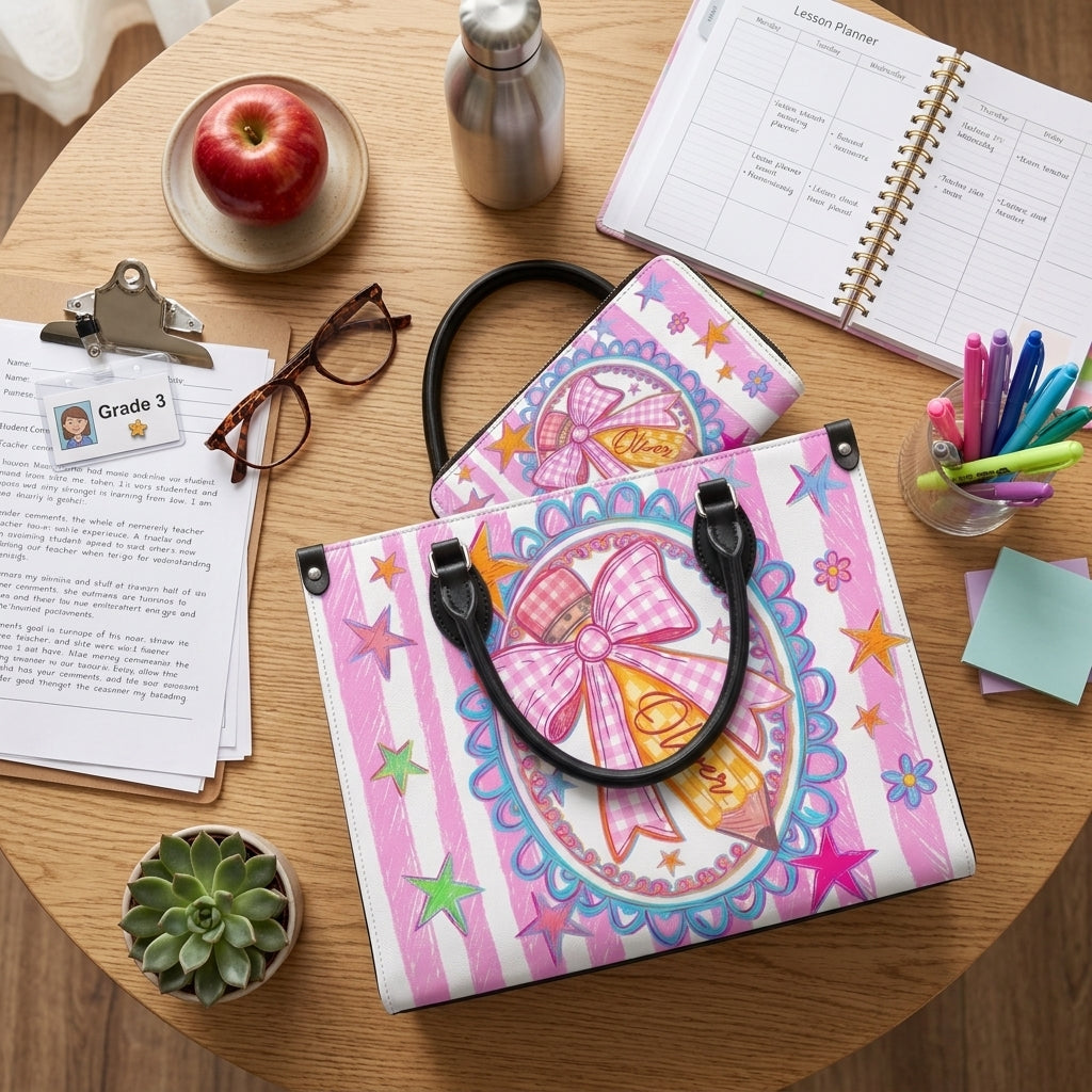 Cute Pink Bow Pencil Personalized Leather Bag + Free Matching Leather Wallet