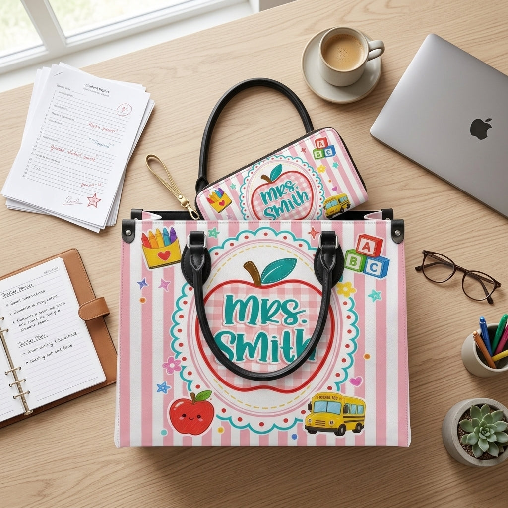 Back to School Apple Personalized Leather Bag + Free Matching Leather Wallet