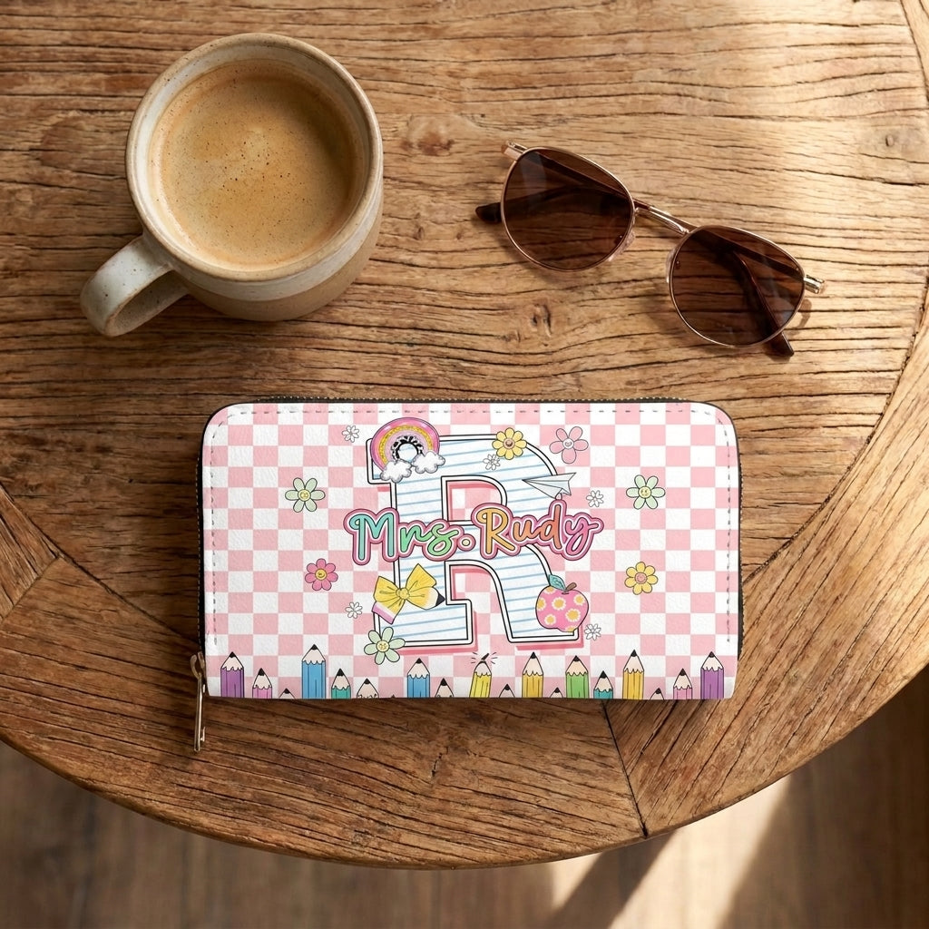 Pencil & Floral Monogram Personalized Leather Bag + Free Matching Leather Wallet