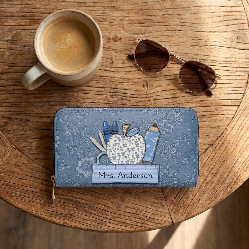 Vintage Blue Floral Personalized Leather Bag + Free Matching Leather Wallet