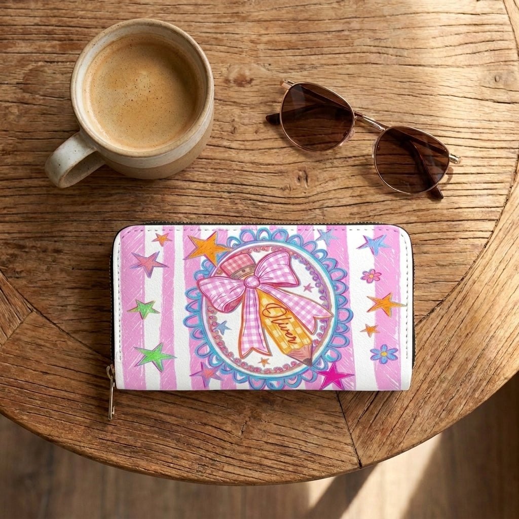 Cute Pink Bow Pencil Personalized Leather Bag + Free Matching Leather Wallet