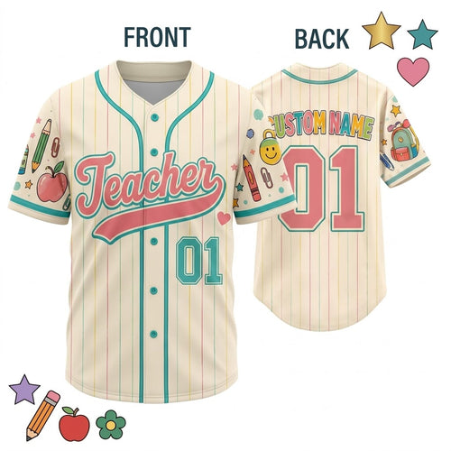 Custom Teacher Baseball Jersey, Personalized Name Number Vintage Pinstripe Shirt, Back to School Teacher Outfit, Cute Teacher Gift Idea