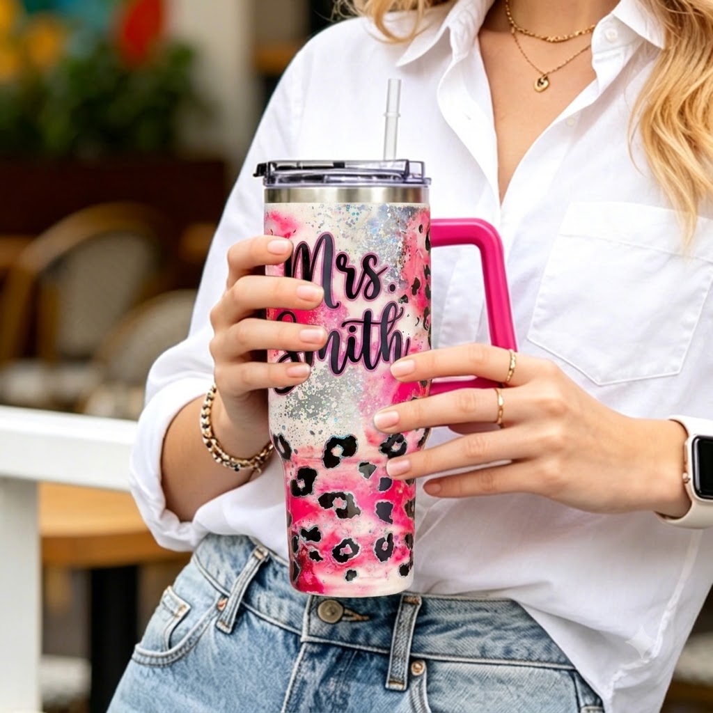 Personalized Teacher Leopard Print 40oz Tumbler with Handle, Custom Name Gift for Teachers