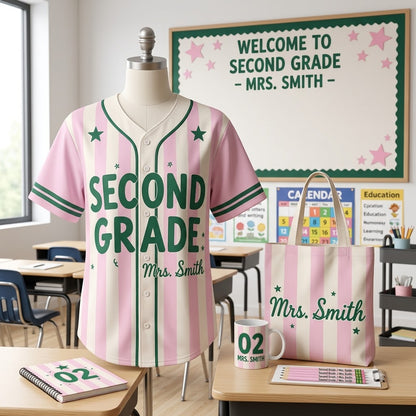 Custom Teacher Baseball Jersey, Personalized Grade Level & Name Pinstripe Shirt, Back to School Teacher Outfit, Cute Teacher Gift Idea