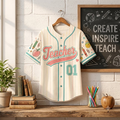Custom Teacher Baseball Jersey, Personalized Name Number Vintage Pinstripe Shirt, Back to School Teacher Outfit, Cute Teacher Gift Idea