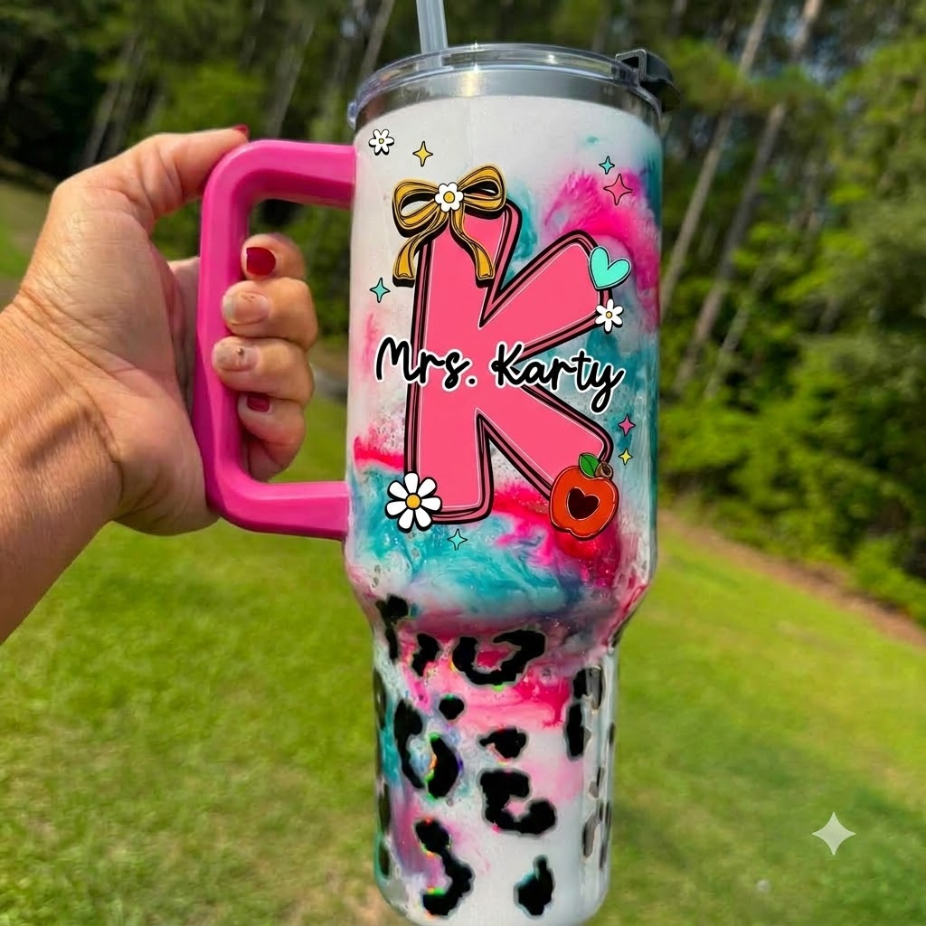 Personalized Teacher Initial 40oz Tumbler with Handle, Custom Name Teacher Gift