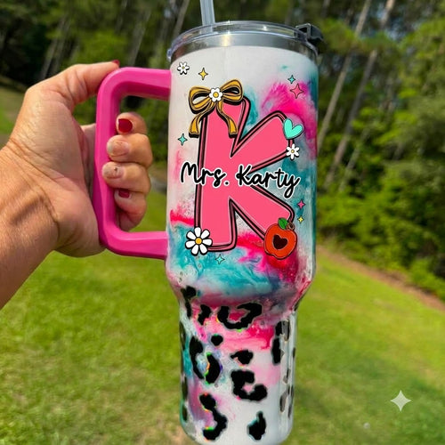Personalized Teacher Initial 40oz Tumbler with Handle, Custom Name Teacher Gift