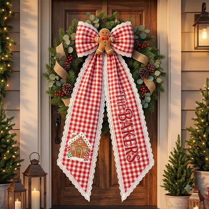 Personalized Christmas Gingham Wreath Sash with Gingerbread Baker Bow, Custom Name Door Decor