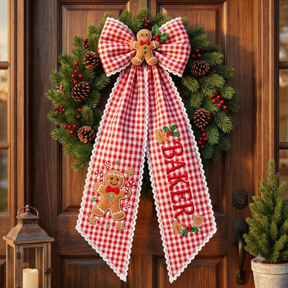 Personalized Christmas Gingham Wreath Sash with Gingerbread Baker Bow, Custom Name Door Decor