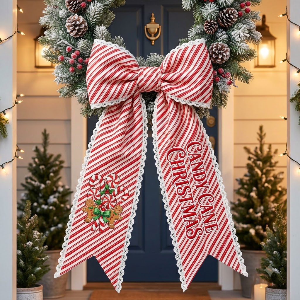 Personalized Red Stripe Christmas Wreath Bow Sash, Snowman Holiday Door Decoration