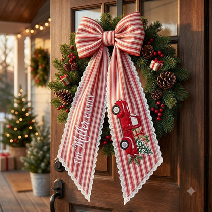 Personalized Red Stripe Christmas Wreath Bow Sash, Snowman Holiday Door Decoration