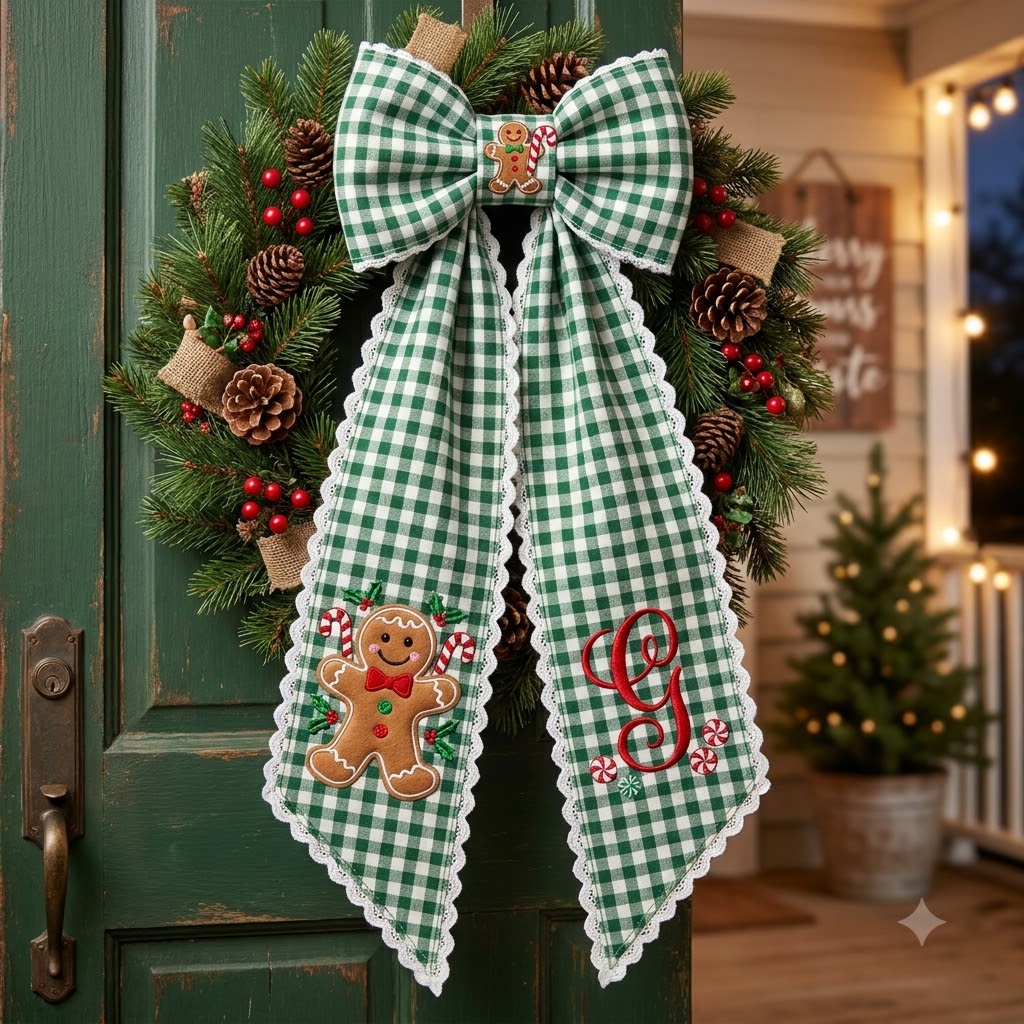 Personalized Green Gingham Christmas Wreath Bow Sash, Christmas Tree Door Decoration
