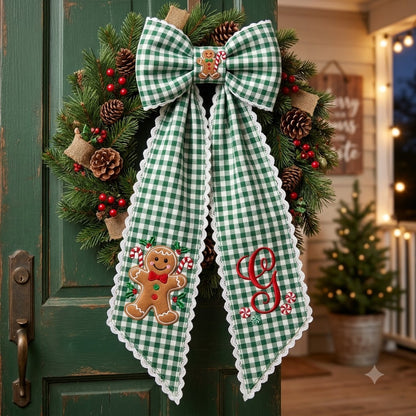 Personalized Green Gingham Christmas Wreath Bow Sash, Christmas Tree Door Decoration
