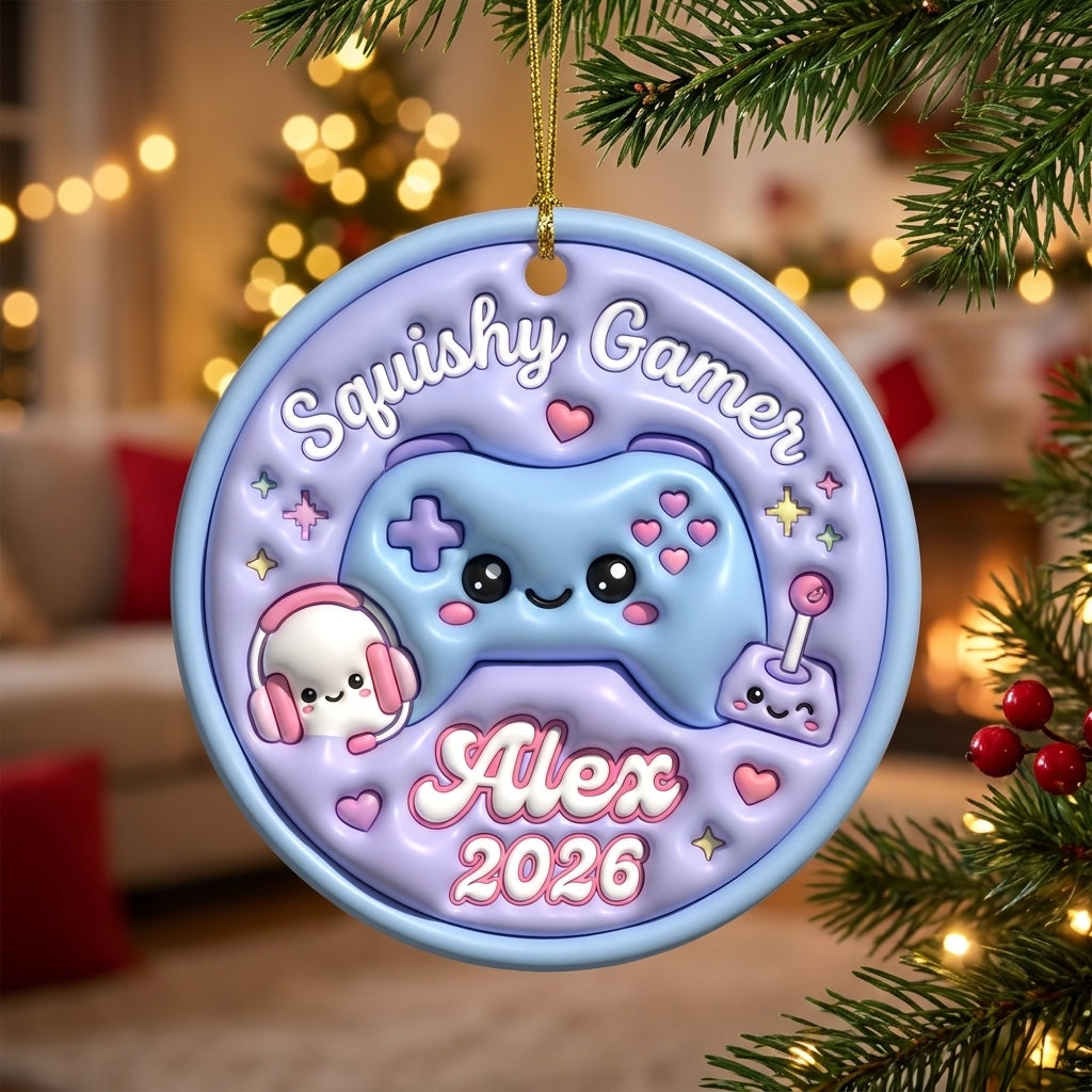 Squishy Gamer Christmas Ornament Personalized 3D Relief Ceramic Ornament Custom Name Video Game Gift Gaming Christmas Tree Decor 2026