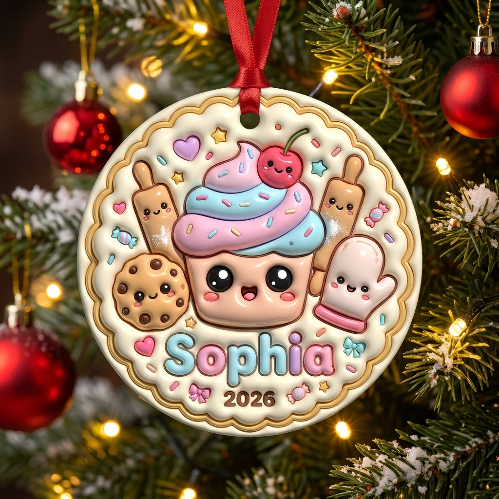 Squishy Cupcake Christmas Ornament Personalized 3D Relief Ceramic Ornament Custom Name Dessert Lover Gift Cute Christmas Tree Decor 2026