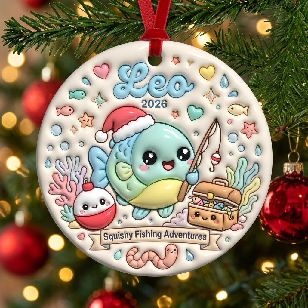 Squishy Fishing Christmas Ornament Personalized 3D Relief Ceramic Ornament Custom Name Fishing Lover Gift Angler Christmas Decor 2026
