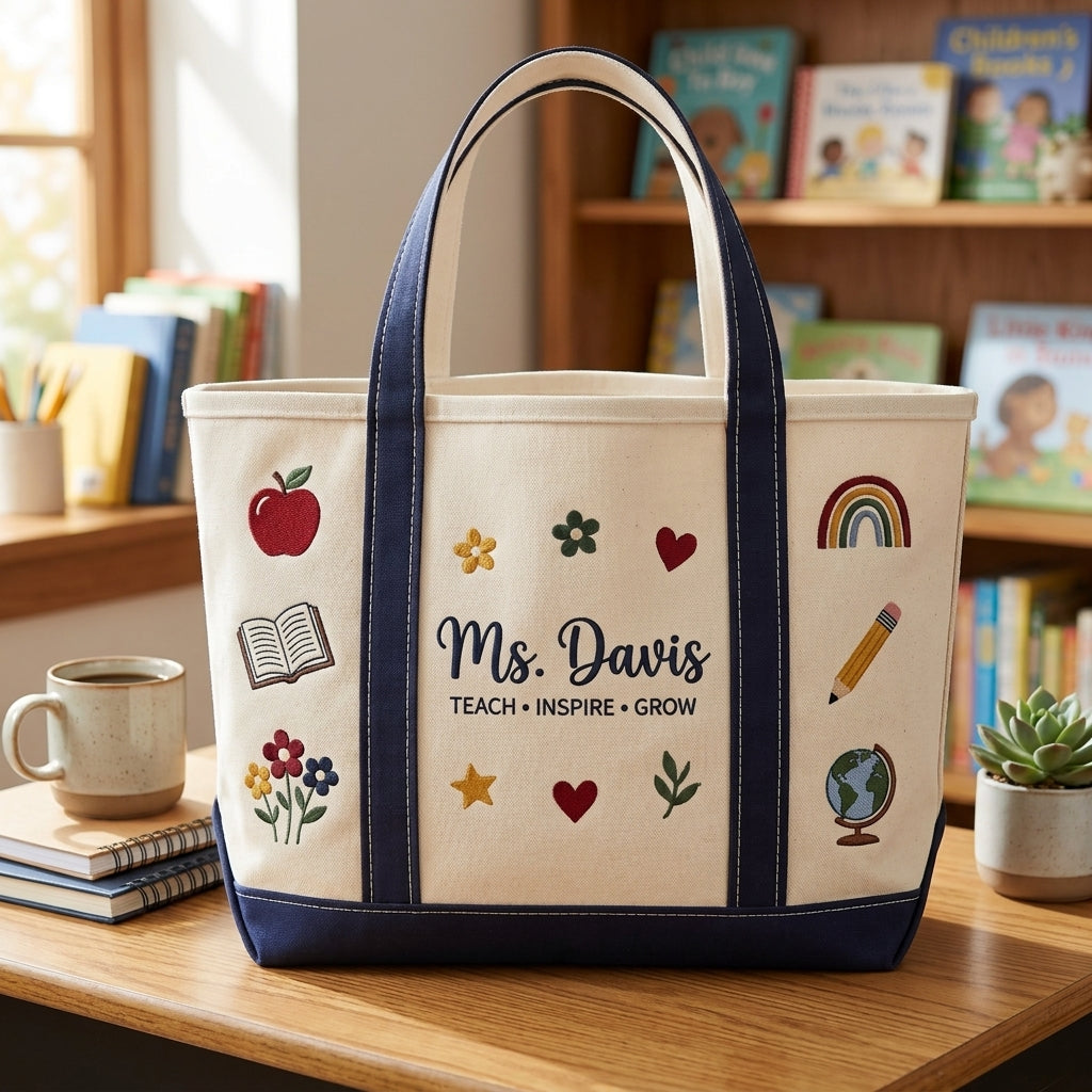Personalized Teacher Floral Tote Bag, Embroidered School Icons Canvas Bag, Custom Name Teacher Appreciation Gift, Back to School Gift