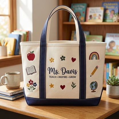 Personalized Teacher Floral Tote Bag, Embroidered School Icons Canvas Bag, Custom Name Teacher Appreciation Gift, Back to School Gift
