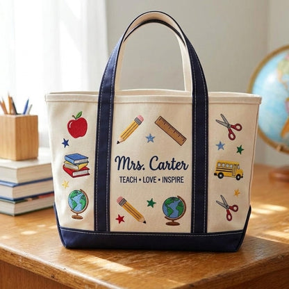Personalized Teacher Tote Bag v2, Embroidered School Icons Canvas Bag, Custom Name Teacher Appreciation Gift, Back to School Gift