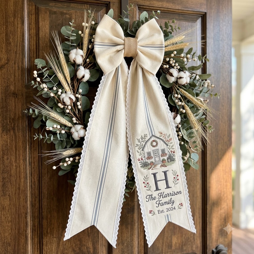 Personalized Christmas Wreath Sash, Rustic Plaid Bow Door Decor