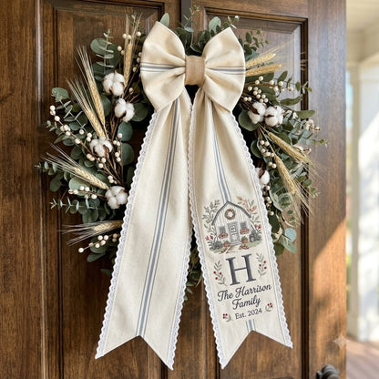 Personalized Christmas Wreath Sash, Rustic Plaid Bow Door Decor