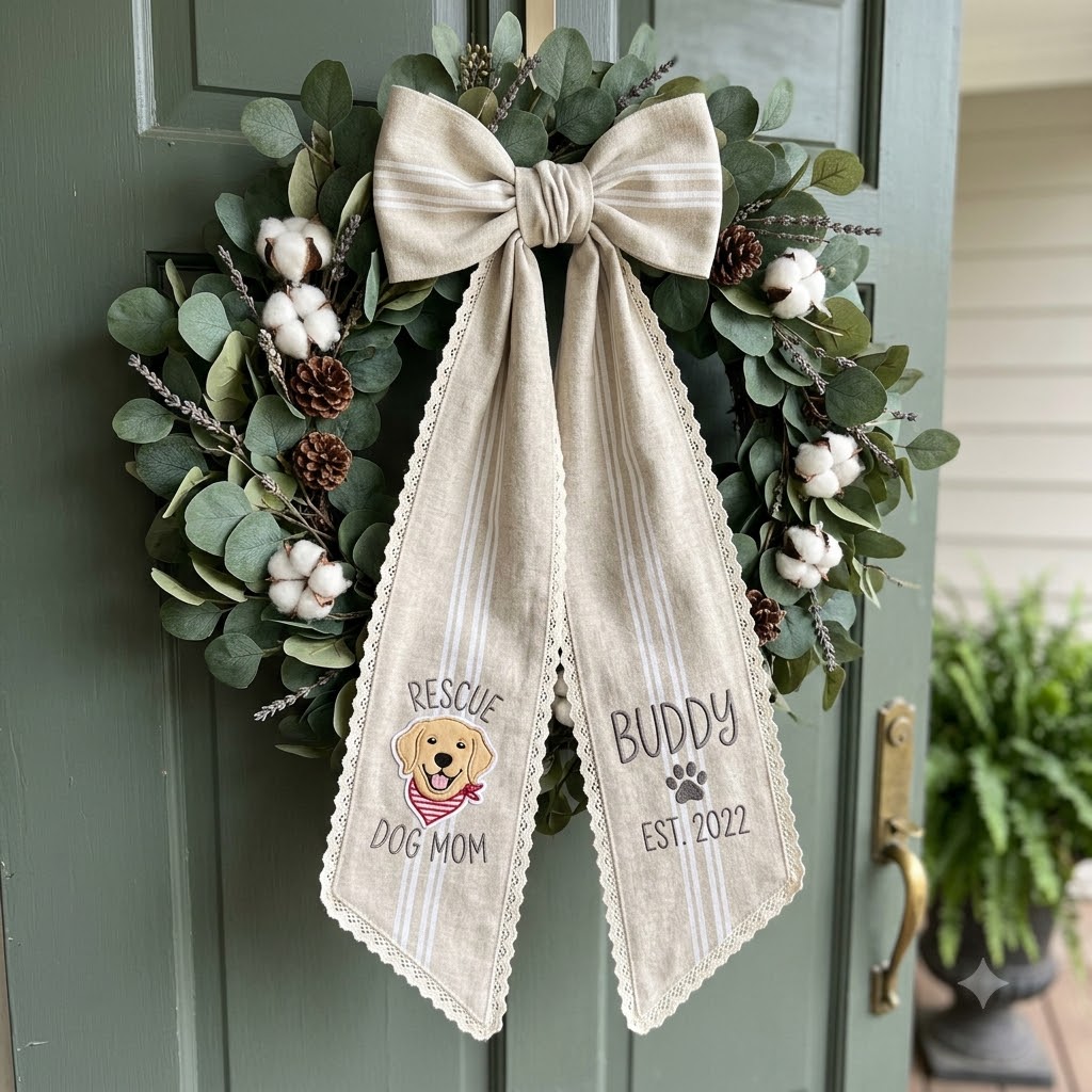 Personalized Christmas Wreath Sash, Green Plaid Bow & Christmas Dog Door Decor
