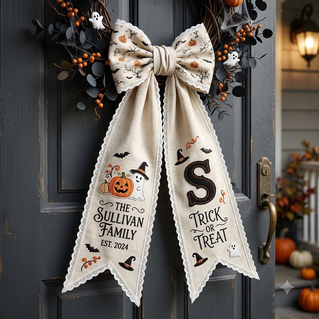 Personalized Halloween Wreath Sash, Spooky Pumpkin & Ghost Door Decor