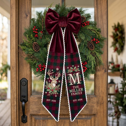 Personalized Christmas Wreath Sash, Burgundy Plaid Deer & Christmas Door Decor