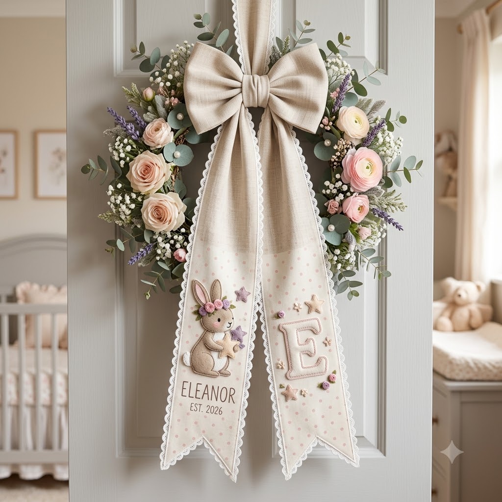Personalized Baby Girl Wreath Sash, Floral Bow & Nursery Door Decor