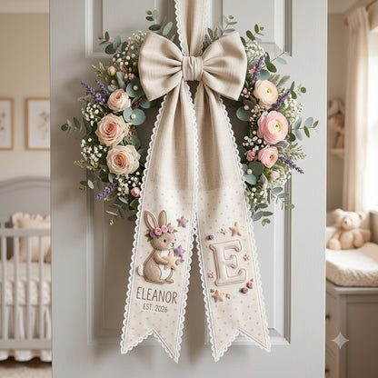 Personalized Baby Girl Wreath Sash, Floral Bow & Nursery Door Decor