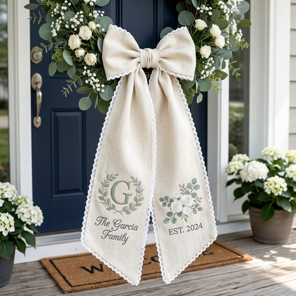 Personalized Christmas Wreath Sash, Rustic Plaid Bow Door Decor