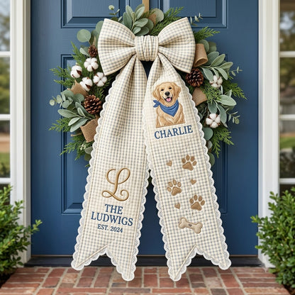 Personalized Christmas Wreath Sash, Green Plaid Bow & Christmas Dog Door Decor