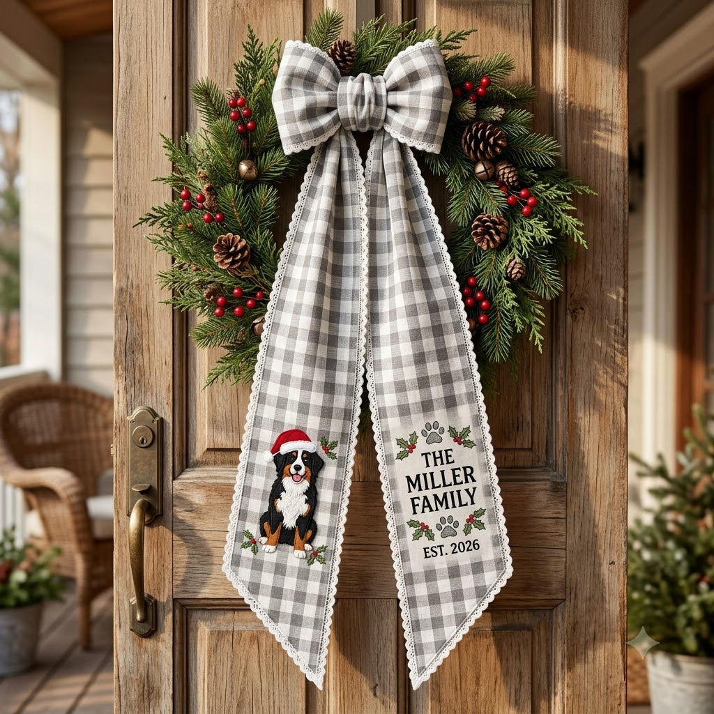 Personalized Christmas Wreath Sash, Green Plaid Bow & Christmas Dog Door Decor