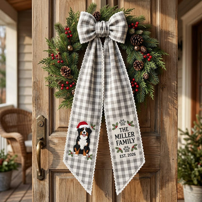 Personalized Christmas Wreath Sash, Green Plaid Bow & Christmas Dog Door Decor