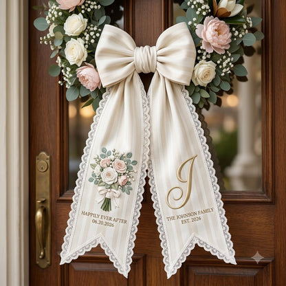 Personalized Christmas Wreath Sash, Rustic Plaid Bow Door Decor